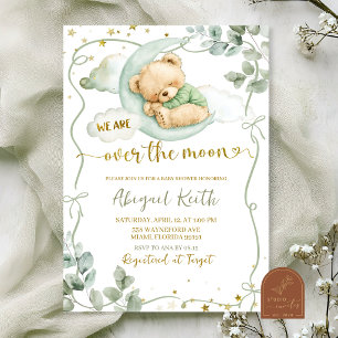 Sage Green Bow Coquette bear over the moon Invitation