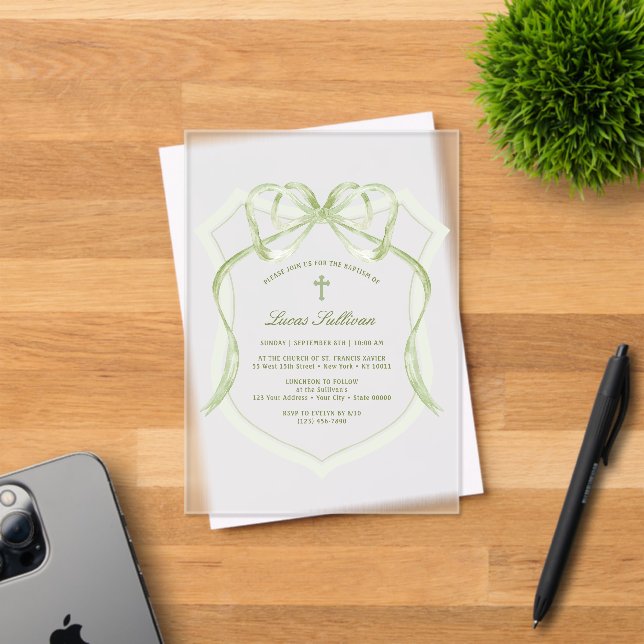 Sage Green Bow Crest Baptism Acrylic Invitations (Insitu (Invitation Card))