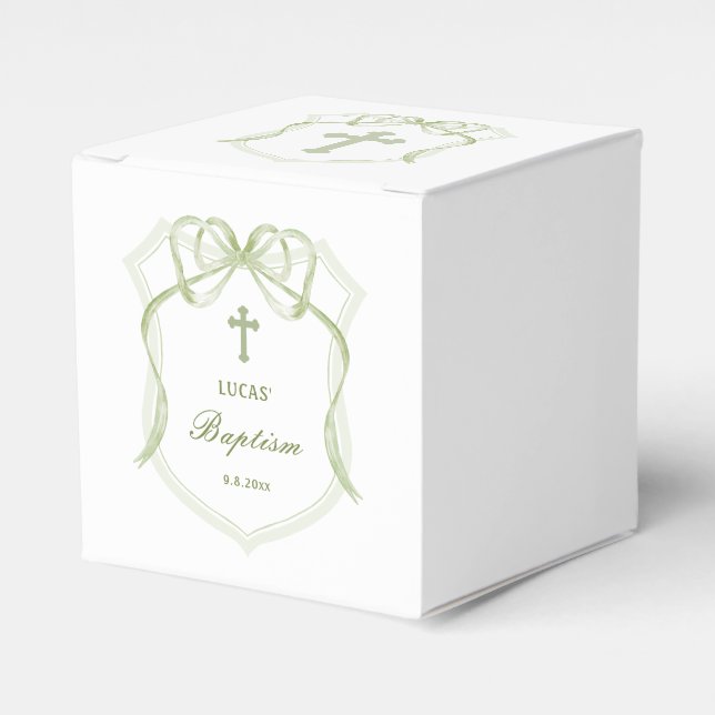 Sage Green Bow Crest Baptism Cube Favor Boxes (Front Side)