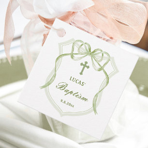 Sage Green Bow Crest Baptism Favor Tags