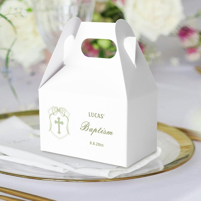 Sage Green Bow Crest Baptism Gable Favor Boxes (Creator Uploaded)