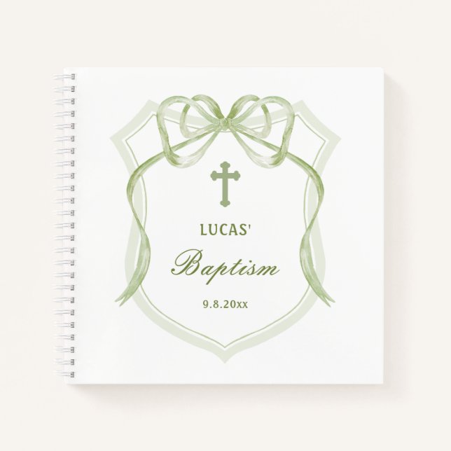 Sage Green Bow Crest Baptism Guest Book (Front)