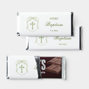 Sage Green Bow Crest Baptism Hershey Bar Favors