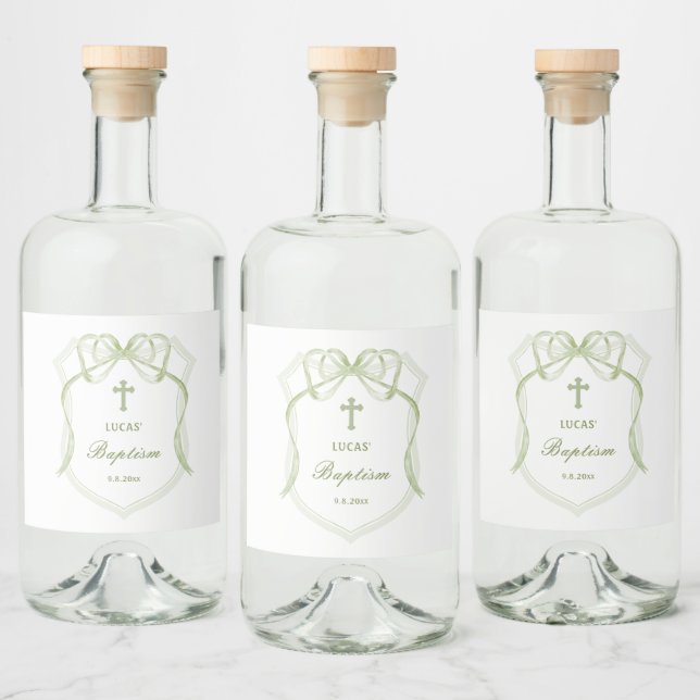 Sage Green Bow Crest Baptism Liquor Bottle Label (Bottles)