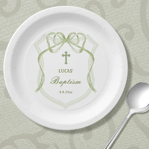 Sage Green Bow Crest Baptism Paper Plates