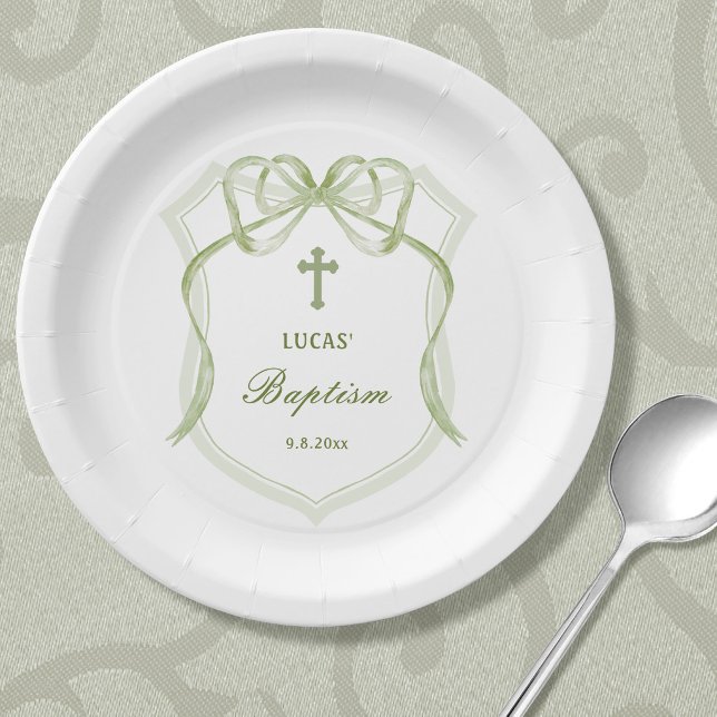 Sage Green Bow Crest Baptism Paper Plates (Creator Uploaded)