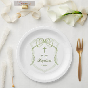 Sage Green Bow Crest Baptism Paper Plates