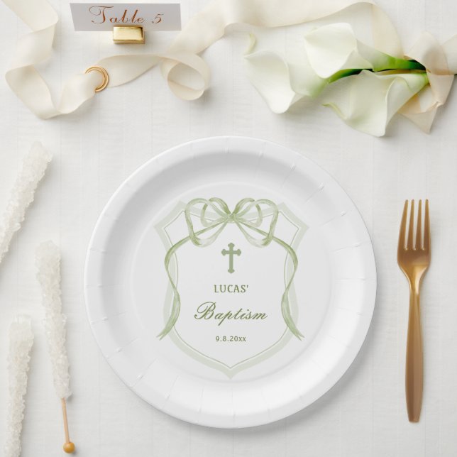 Sage Green Bow Crest Baptism Paper Plates (Wedding)
