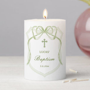 Sage Green Bow Crest Baptism Pillar Candle