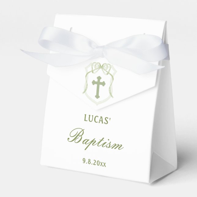 Sage Green Bow Crest Baptism Tent Favor Boxes (Front Side)