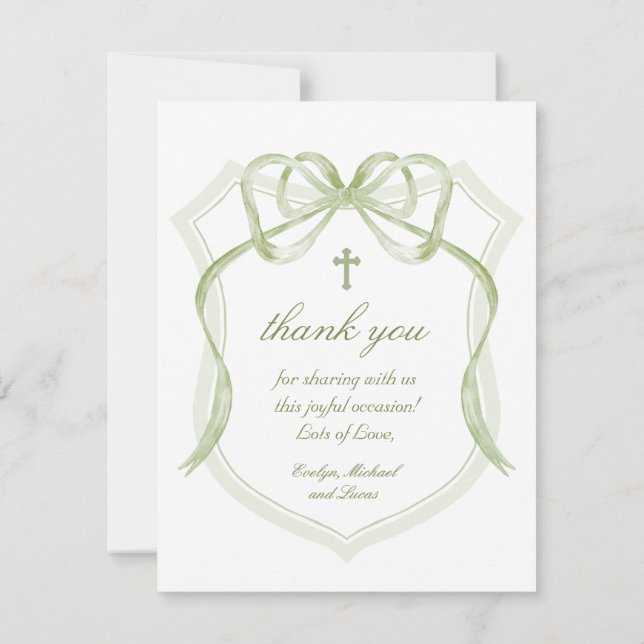 Sage Green Bow Crest Baptism Thank You Card (Back)