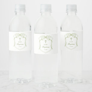 Sage Green Bow Crest Baptism Water Bottle Label