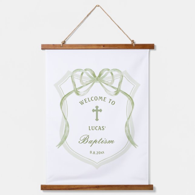 Sage Green Bow Crest Baptism Welcome Hanging Tapestry (Front)