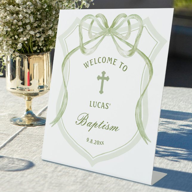 Sage Green Bow Crest Baptism Welcome Pedestal Sign (Creator Uploaded)