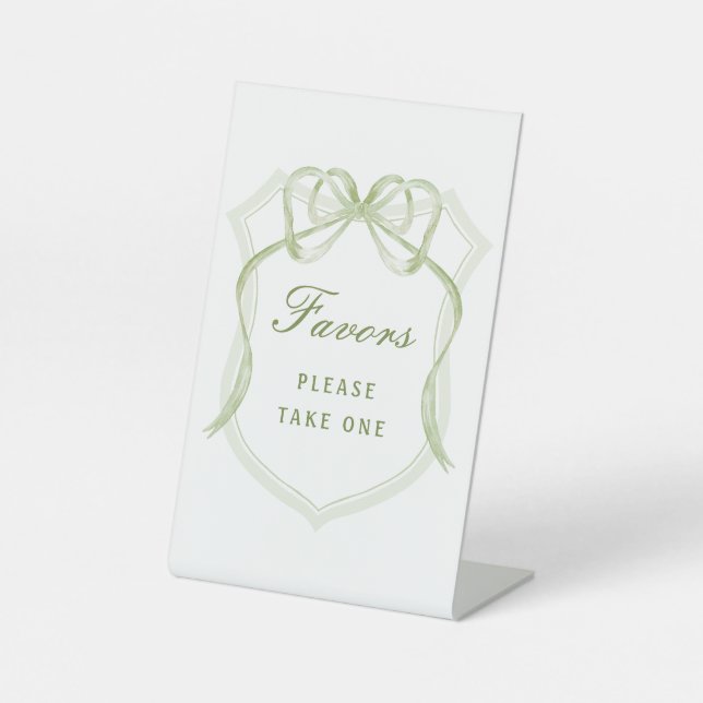 Sage Green Bow Crest Favors Pedestal Sign (Front)