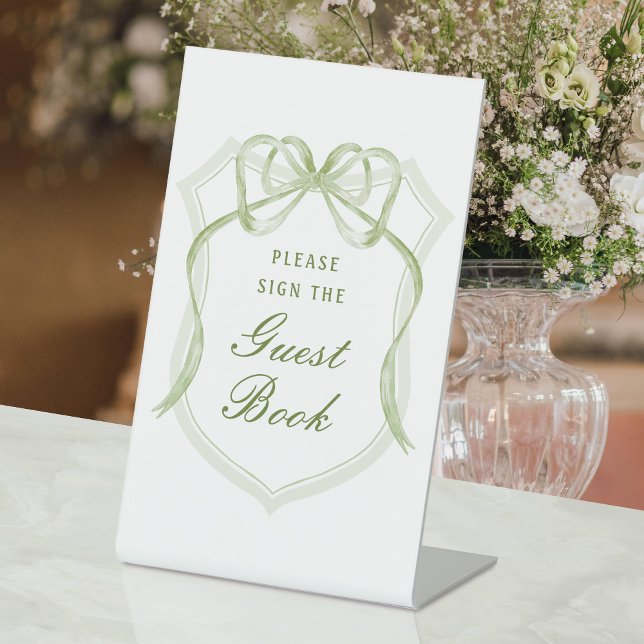 Sage Green Bow Crest Guest Book Pedestal Sign (Creator Uploaded)