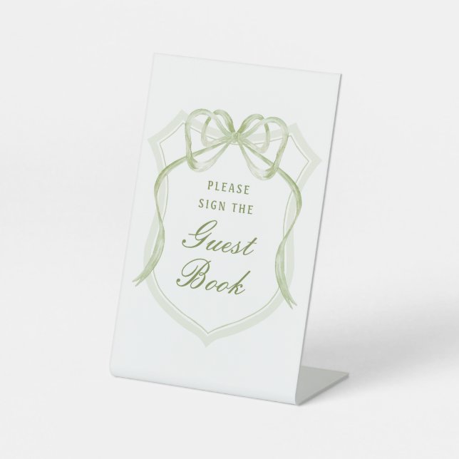 Sage Green Bow Crest Guest Book Pedestal Sign (Front)