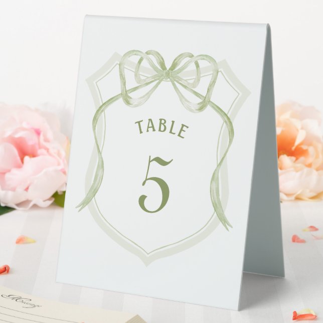 Sage Green Bow Crest Table Number Sign (In SItu (Wedding))