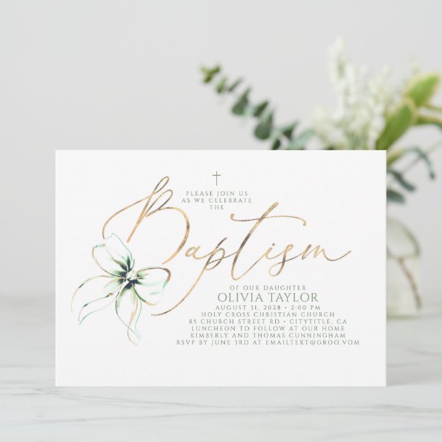 Sage Green Bow Elegant Minimalist Modern Baptism Invitation (Standing Front)
