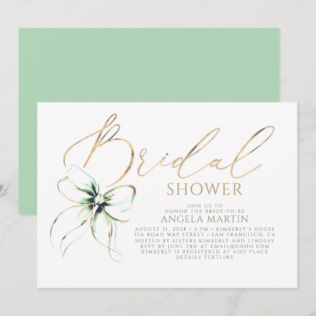 Sage Green Bow Elegant Romantic Bridal Shower Invitation (Front/Back)