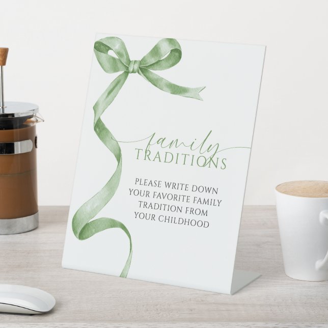 Sage Green Bow Favorite Family Traditions Game Pedestal Sign (In SItu)