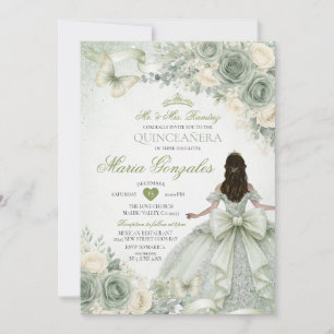 Sage Green Bow Floral Princess Dress Quinceañera Invitation