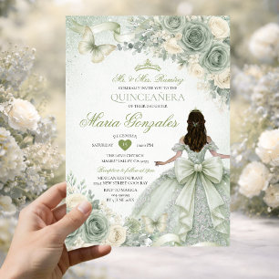 Sage Green Bow Floral Princess Dress Quinceañera Invitation