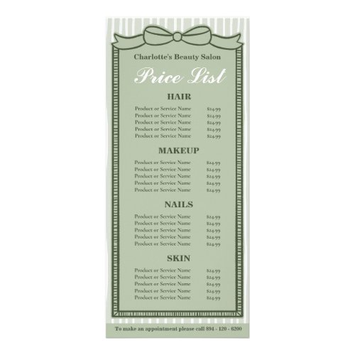 Sage Green Bow Frame Striped Salon Price List Card