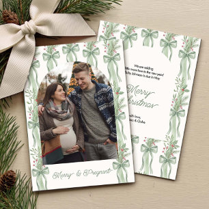 Sage Green Bow Garland Holiday Photo Baby Reveal Card
