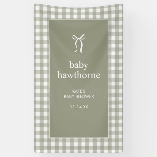 Sage Green Bow Gender Neutral Gingham Baby Shower Banner