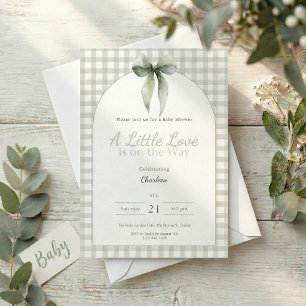 Sage Green Bow Gingham Baby Shower Invitation