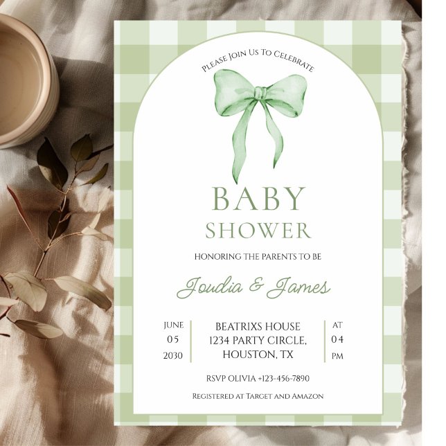 sage green Bow Gingham Baby Shower Invitation (Creator Uploaded)