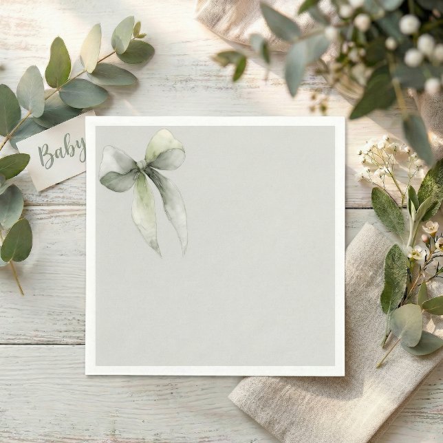 Sage Green Bow Gingham Baby Shower Napkins (Sage green Bow napkin)
