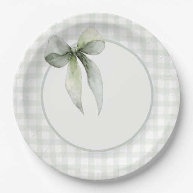 Sage Green Bow Gingham Baby Shower Paper Plates (Front)