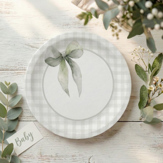 Sage Green Bow Gingham Baby Shower Paper Plates (Creator Uploaded)
