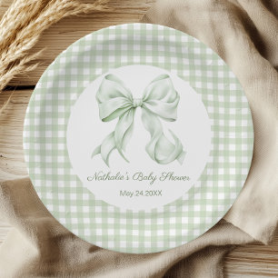 Sage Green Bow Gingham Baby Shower Paper Plates
