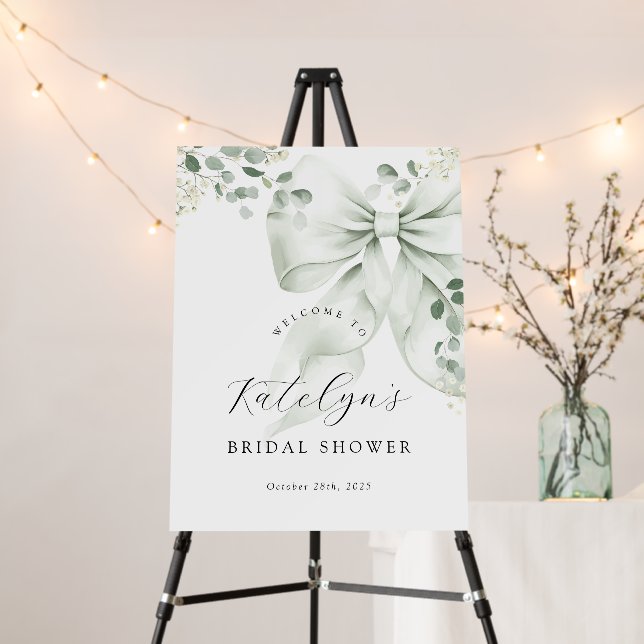 Sage Green Bow Greenery Bridal Shower Welcome Sign (In Situ (Stand))