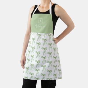 Sage Green Bow Pattern Monogram Personalized Apron