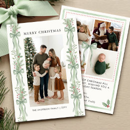 Sage Green Bow Pine Holly Merry Christmas Photo Holiday Card