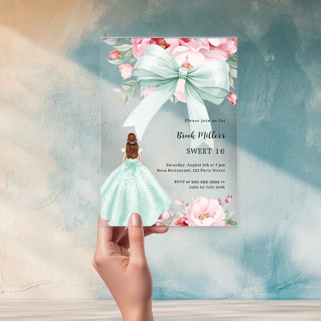 Sage green bow pink florals dress clear Sweet 16 Acrylic Invitations (Creator Uploaded)