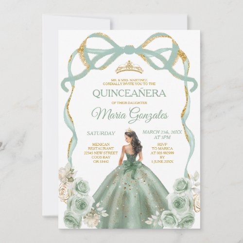 Sage Green Bow Princess Gold Crown Quinceañera