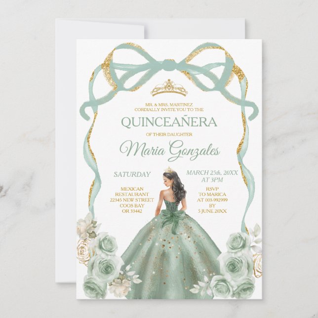 Sage Green Bow Princess Gold Crown Quinceañera Invitation (Front)