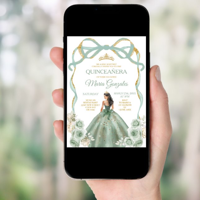 Sage Green Bow Princess Gold Crown Quinceañera Invitation (Front Digital)