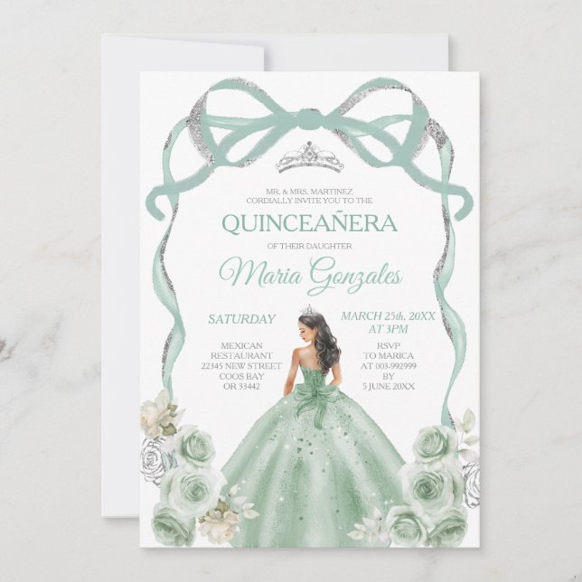 Sage Green Bow Princess Silver Crown Quinceañera Invitation (Front)