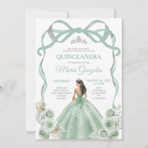Sage Green Bow Princess Silver Crown Quinceañera Invitation