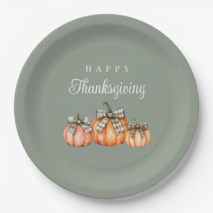 Sage Green Bow Pumpkins Happy Thanksgiving Paper Plates