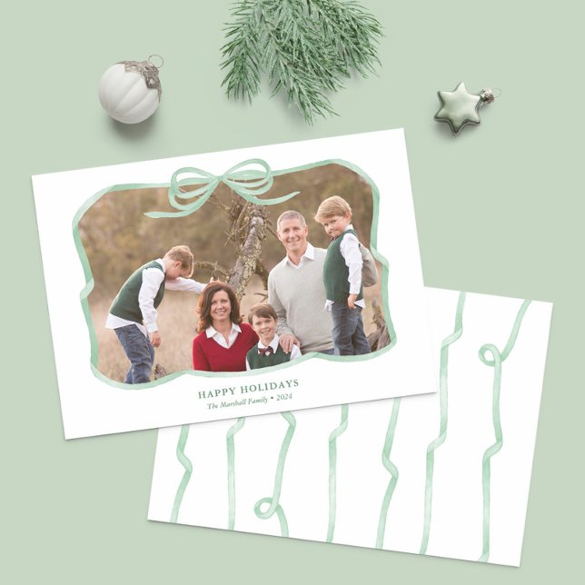 Sage Green Bow Ribbon Frame Merry Christmas Photo Holiday Card (Sage green bow photo Christmas cards featuring hand painted watercolor ribbons)