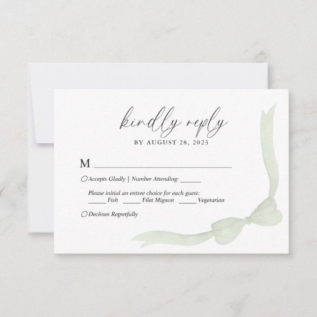Sage Green Bow Ribbon Menu Choice Wedding RSVP (Front)