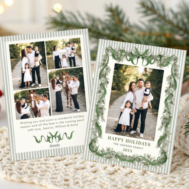 Sage Green Bow Ribbon Stripped Christmas 5 Photo Holiday Card (Creator Uploaded)