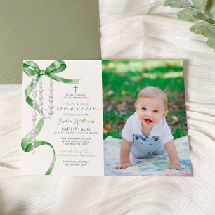 Sage Green Bow & Rosary Photo First Holy Communion Invitation